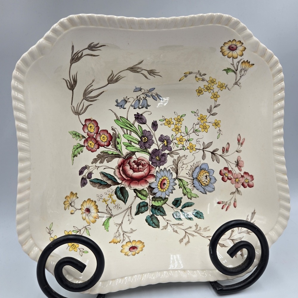 Copeland Spode England Romney Gadroon Square Serving Bowl 9x9 Floral Earthenware